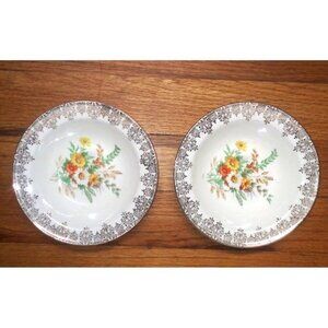 2 Vintage Edwin Knowles Floral Fruit Dessert Bowls beige orange Brown gold 1930s
